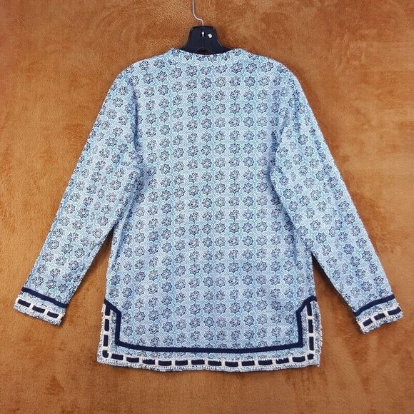 SAINT TROPEZ WEST Womens Top Small Blue Floral Pullover Tunic Crochet Woven Trim - Picture 5 of 9